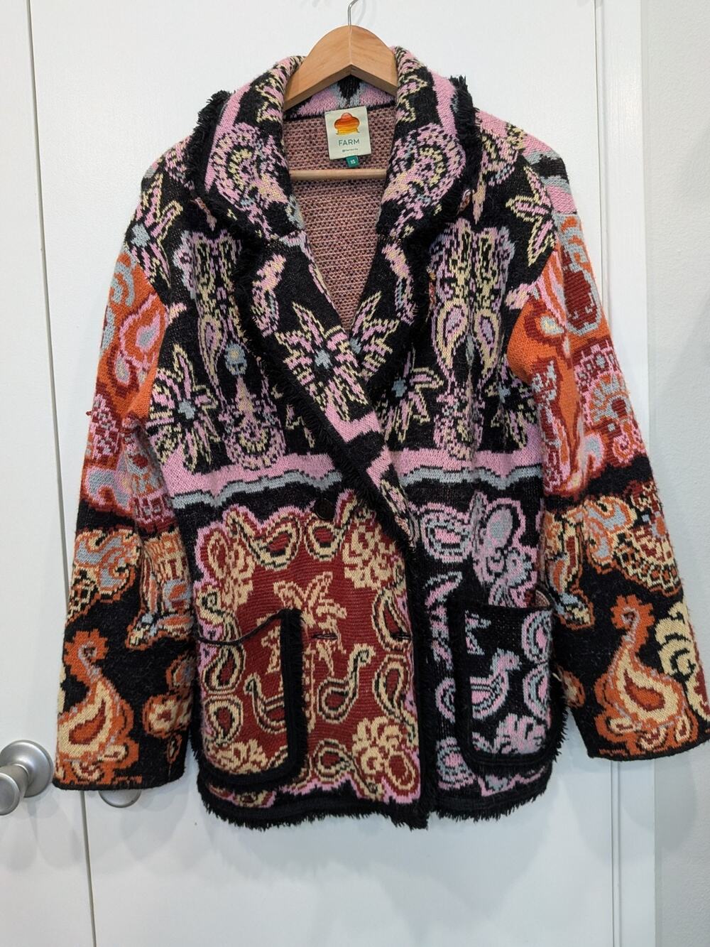 FARM Rio Multicolor Patterned Knit Jacket — Pink, Orange, Red, Black